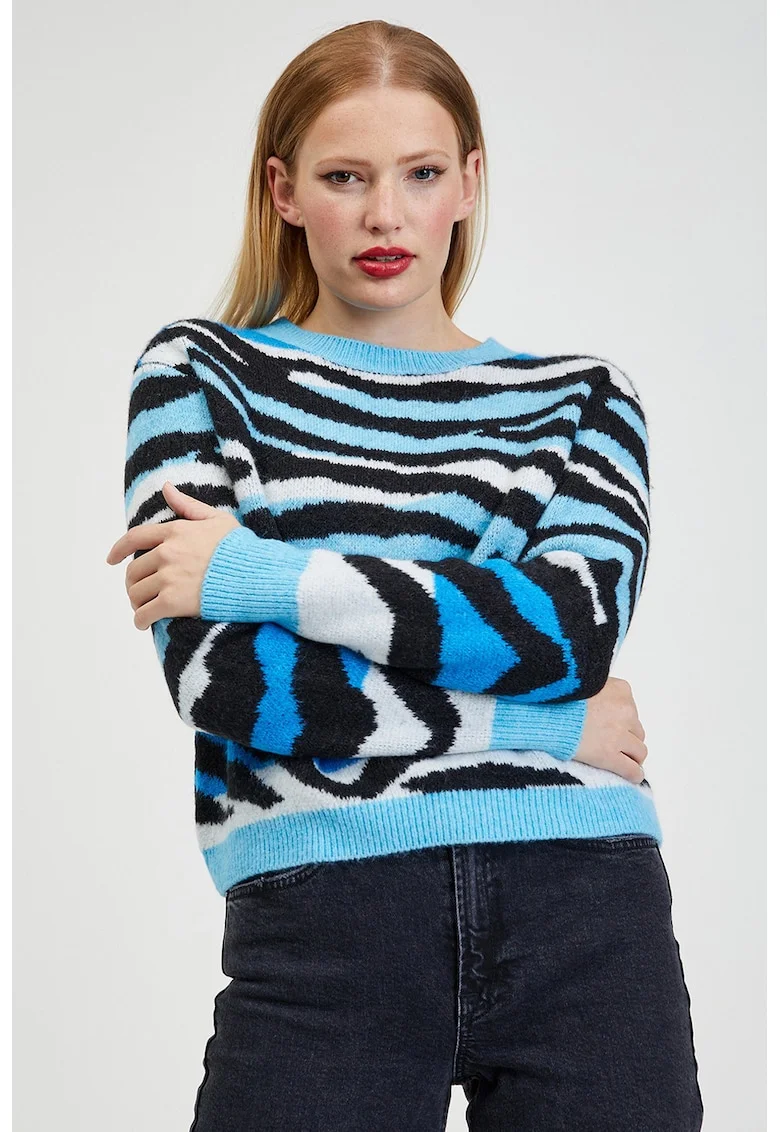 Pulover tricotat cu model animal print, Alb/Negru/Albastru glaciar
