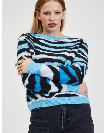 Pulover tricotat cu model animal print, Alb/Negru/Albastru glaciar