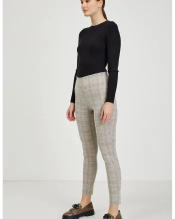 Pantaloni cu model in carouri si talie inalta, Grej