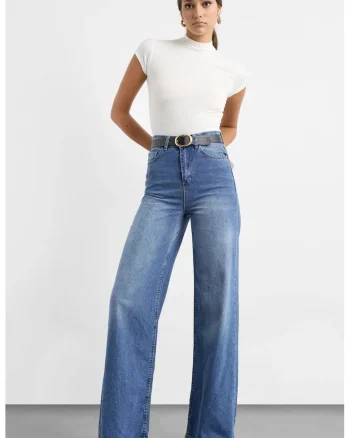 Blugi dama  talie inalta, croiala larga, denim, albastru