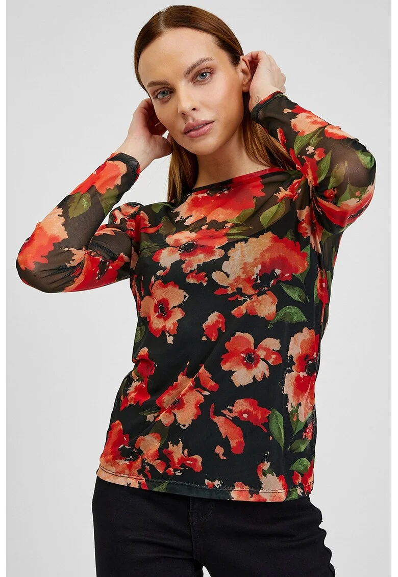 Bluza din tul cu imprimeu floral, Negru/Caramiziu