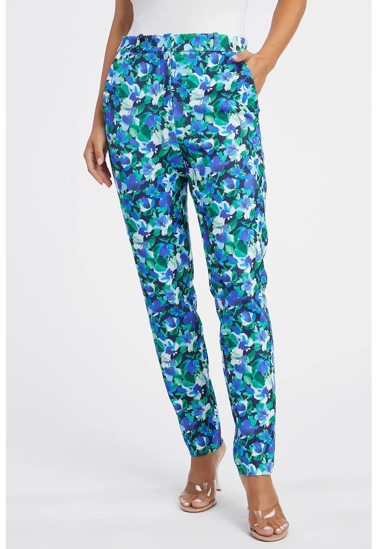 Pantaloni cu talie inalta si model floral, Alb/Verde/Albastru