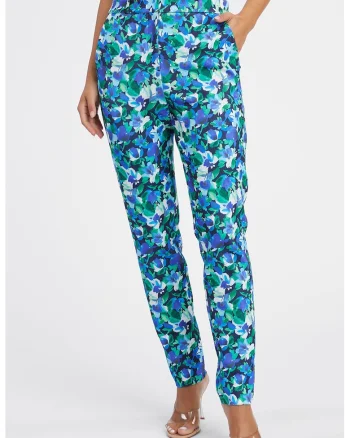 Pantaloni cu talie inalta si model floral, Alb/Verde/Albastru