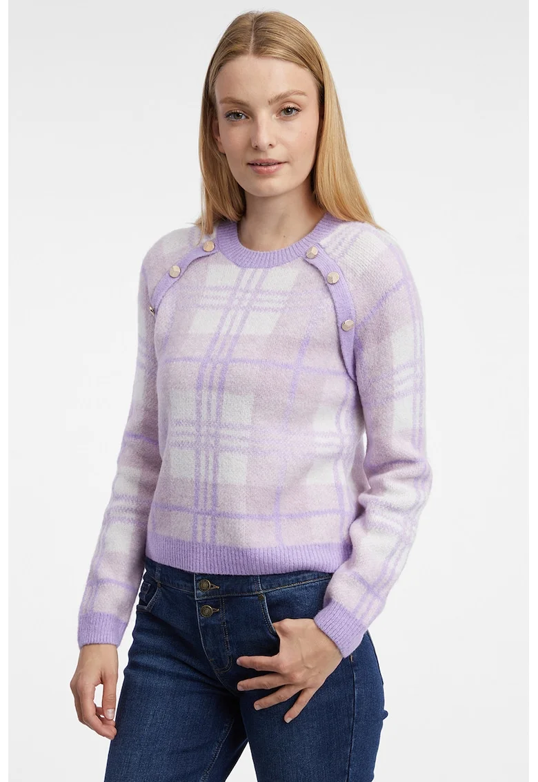 Pulover cu decolteu la baza gatului si model in carouri, Violet deschis/Lila