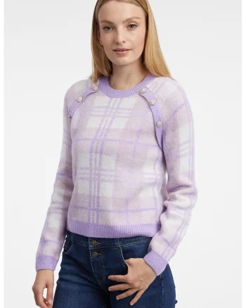 Pulover cu decolteu la baza gatului si model in carouri, Violet deschis/Lila