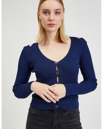 Cardigan slim fit cu decolteu in V si decupaje decorative, Bleumarin
