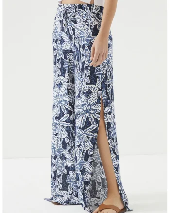 Pantaloni cu croiala ampla si slituri laterale, Alb/Bleumarin