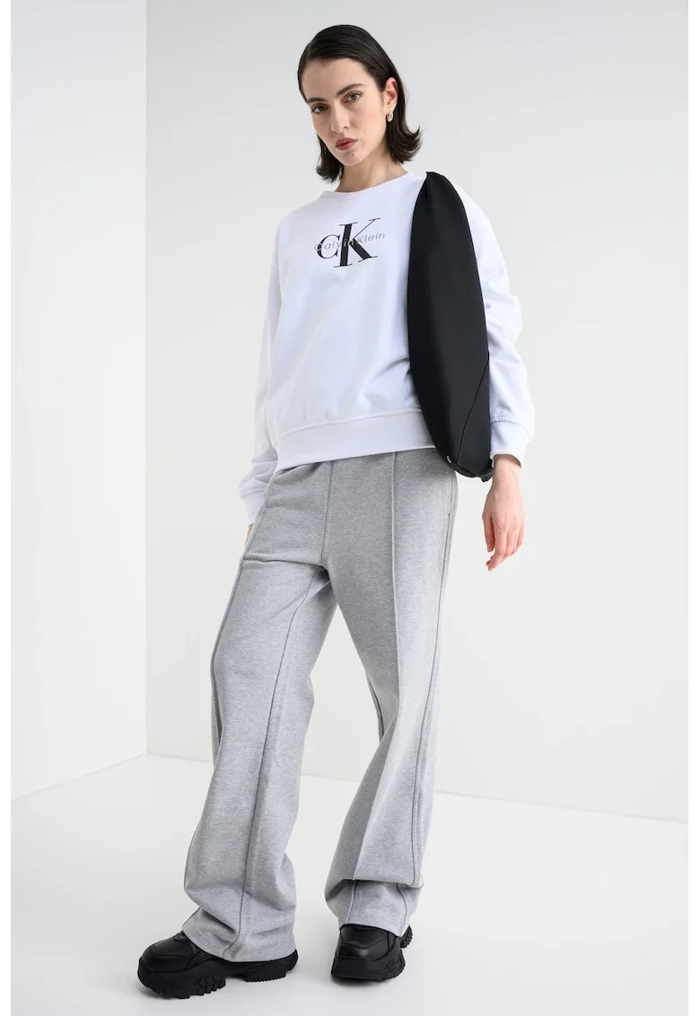 Bluza de trening cu maneci cazute si imprimeu logo, Alb