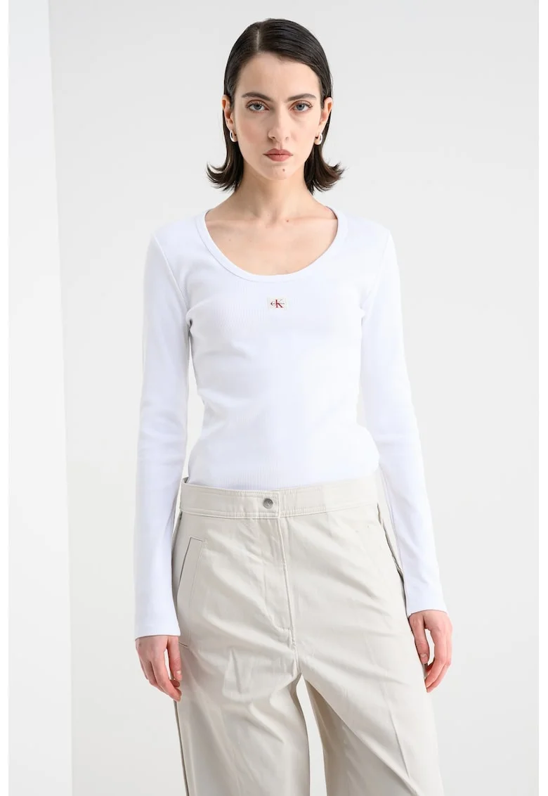 Bluza slim fit cu decolteu rotund, Alb