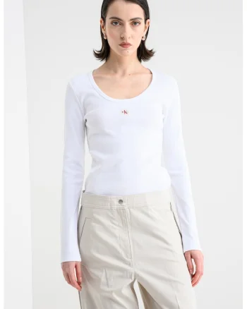 Bluza slim fit cu decolteu rotund, Alb