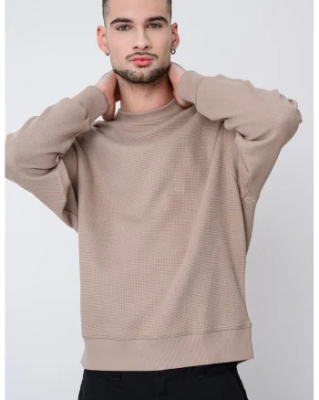 Bluza de trening texturata cu decolteu la baza gatului, Bej