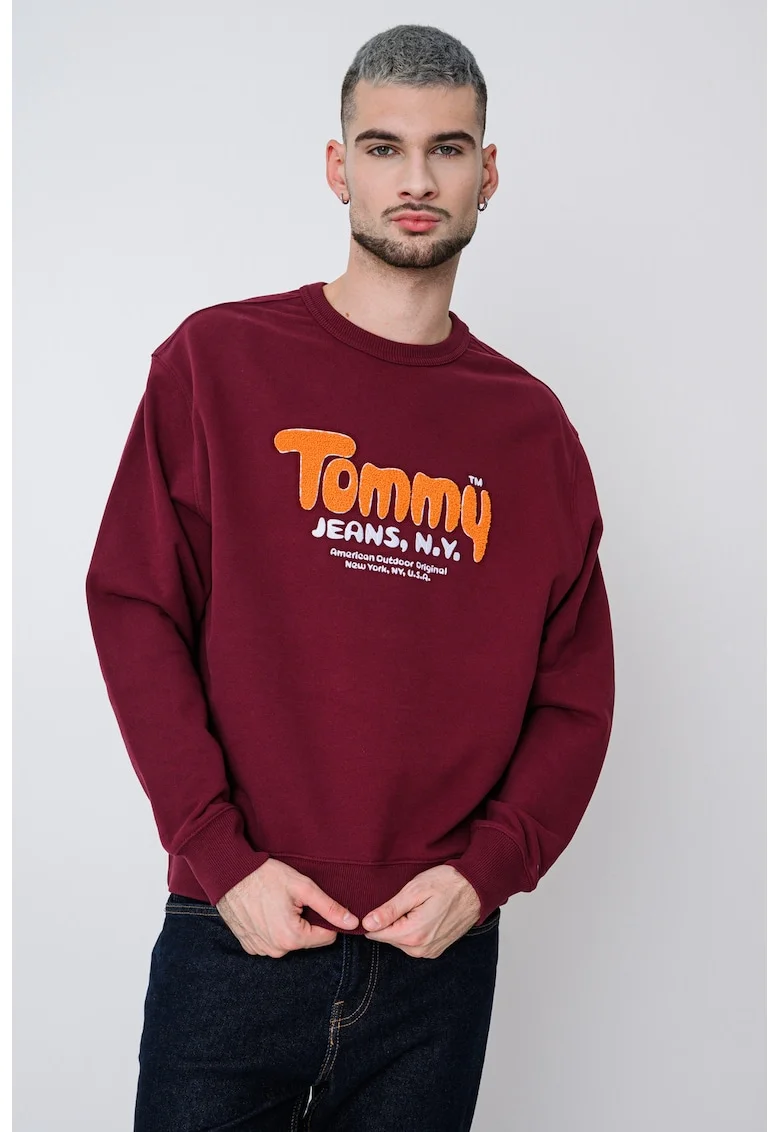 Bluza de trening cu logo si decolteu la baza gatului, Visiniu