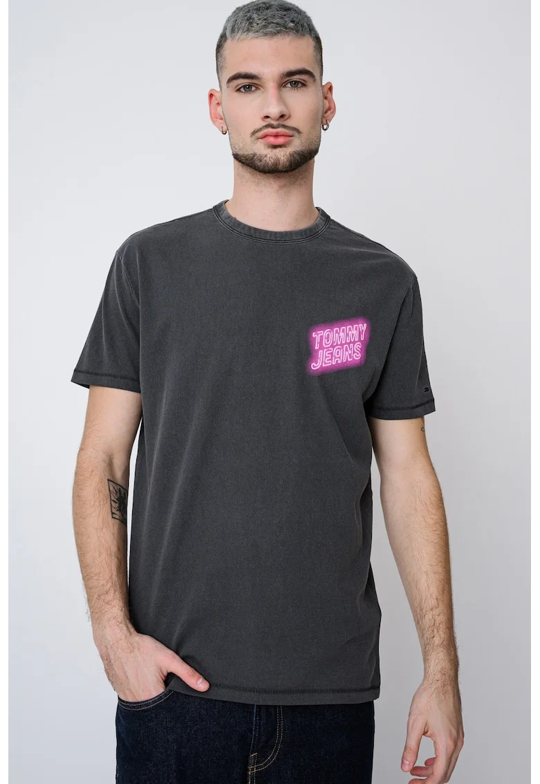 Tricou regular fit de bumbac cu decolteu la baza gatului, Gri