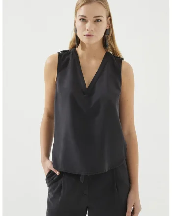 Bluza din lyocel cu decolteu in V, fara maneci, Negru