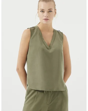 Bluza din lyocel cu decolteu in V, fara maneci, Kaki