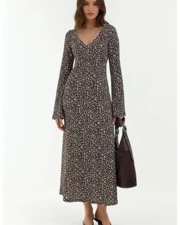 Rochie Maxi,  Mulata cu Decolteu in V, Imprimeu Floral, Maro