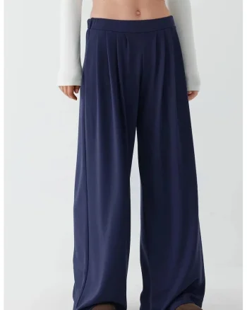 Pantaloni dama,  plisati, picior larg, bleumarin, poliester
