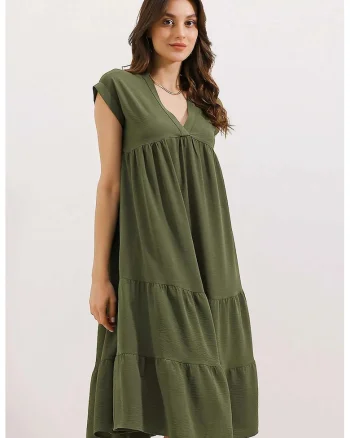 Rochie Midi HiCCUP, decolteu in V, volane, kaki, textil