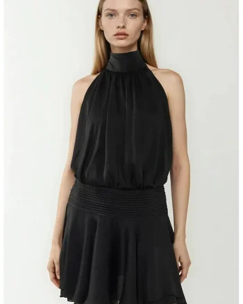 Rochie mini,  texturata cu guler inalt, neagra, textil