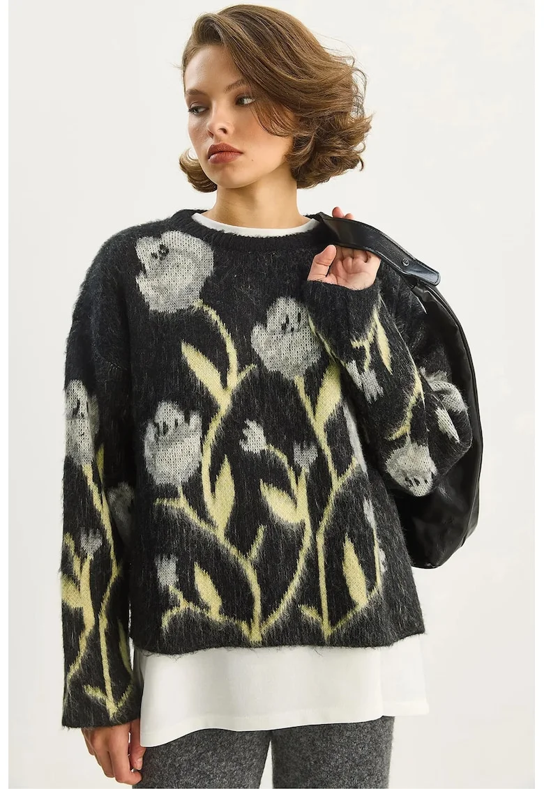 Pulover dama,  Floral, Tricot, Negru,