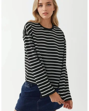 Bluza dama,  top din bumbac cu maneca lunga, dungi, negru, jerseu