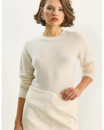 Pulover dama,  Tricot, Crem, Guler rotund,