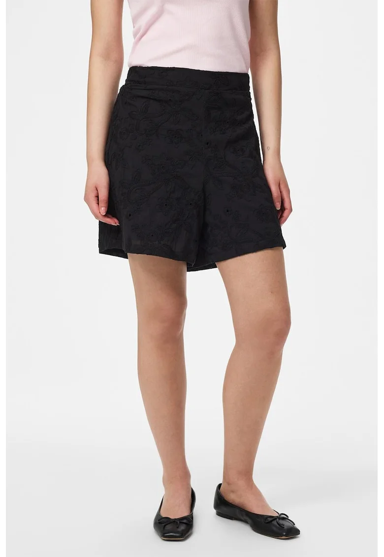 Pantaloni scurti cu talie medie si model floral, Negru