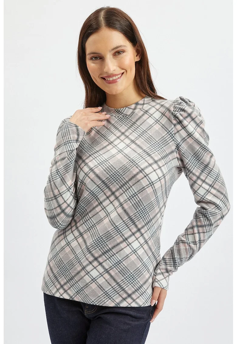Bluza in carouri cu maneci bufante, Alb/Gri/Piersica