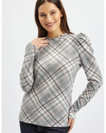 Bluza in carouri cu maneci bufante, Alb/Gri/Piersica