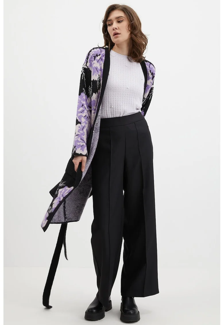 Cardigan lung cu imprimeu floral, Alb/Negru/Ametist