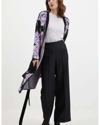 Cardigan lung cu imprimeu floral, Alb/Negru/Ametist