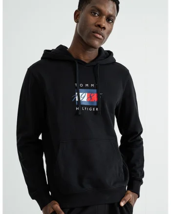 Hanorac cu imprimeu logo, snur si buzunar kangaroo, Negru