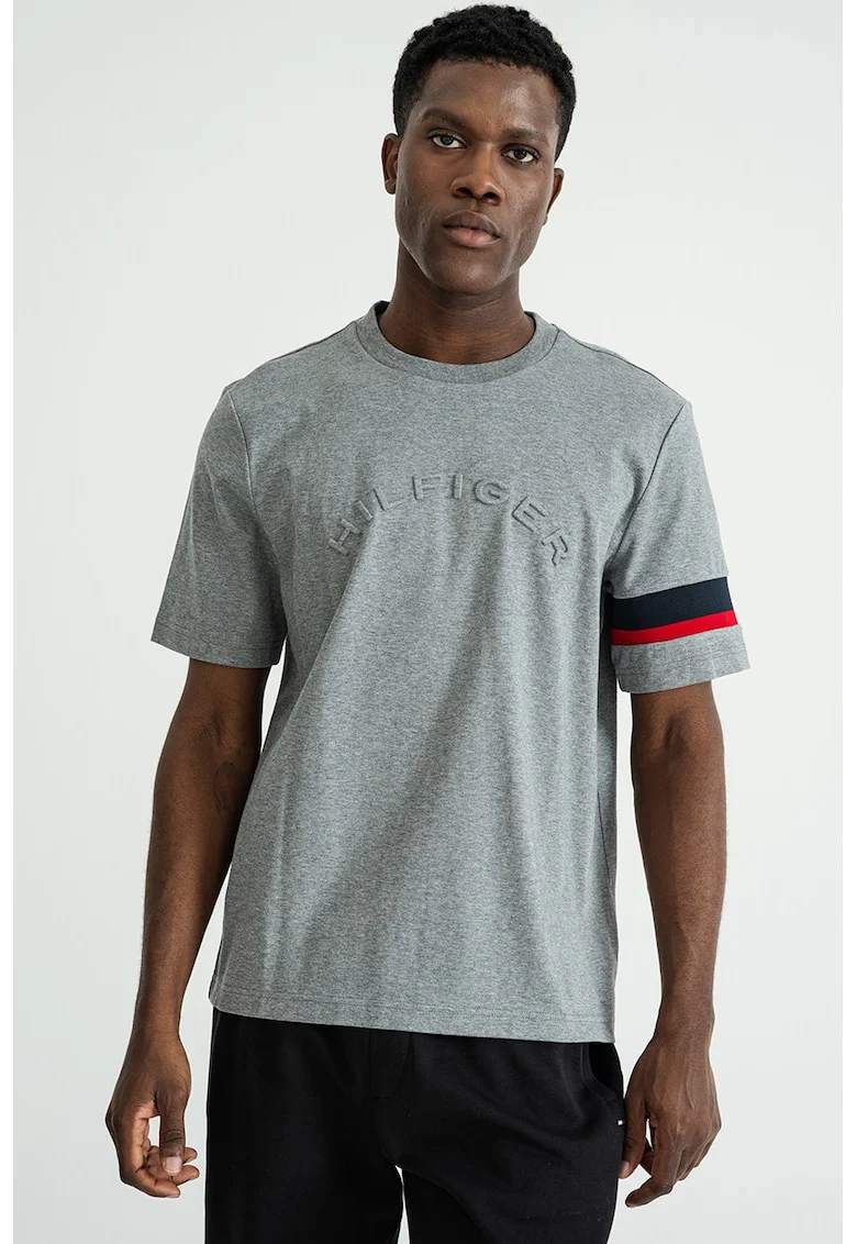 Tricou cu logo brodat, Gri inchis melange