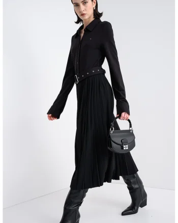 Rochie midi cu pliuri, maneci lungi si o curea, Negru