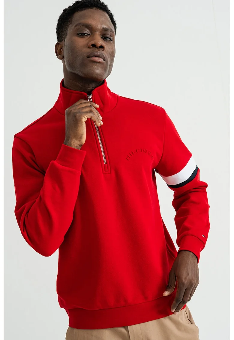 Bluza de trening din amestec de bumbac organic cu fenta cu fermoar, Rosu vermillion