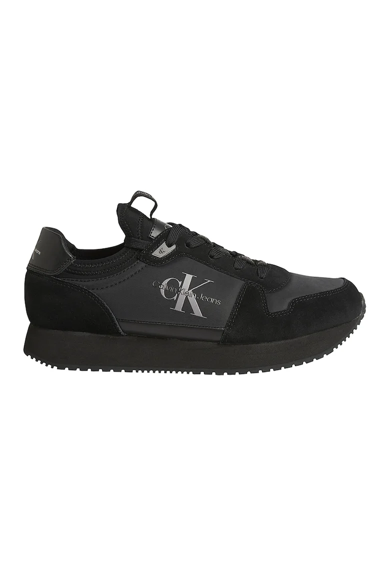 Pantofi sport cu detalii din piele intoarsa, Negru stins/Gri inchis