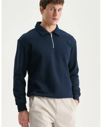 Bluza de trening polo cu fenta scurta cu fermoar, Bleumarin