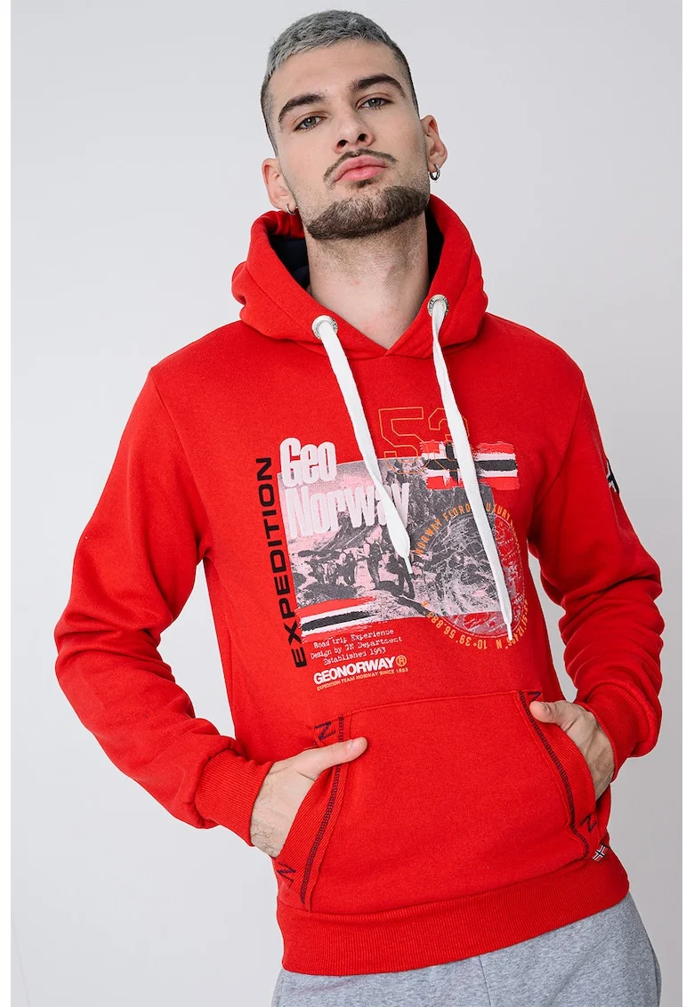 Hanorac cu buzunar kangaroo si imprimeu Gomap, Rosu/Portocaliu mandarina/Kaki