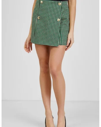 Fusta-pantalon mini cu model houndstooth, Verde