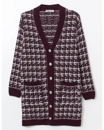 Cardigan in carouri cu buzunare, Violet tyrian