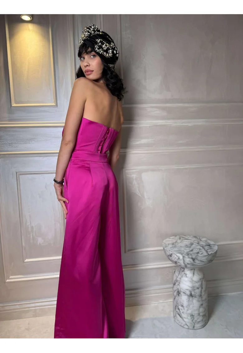 Pantaloni Satinati cu Croiala Larga, Fuchsia