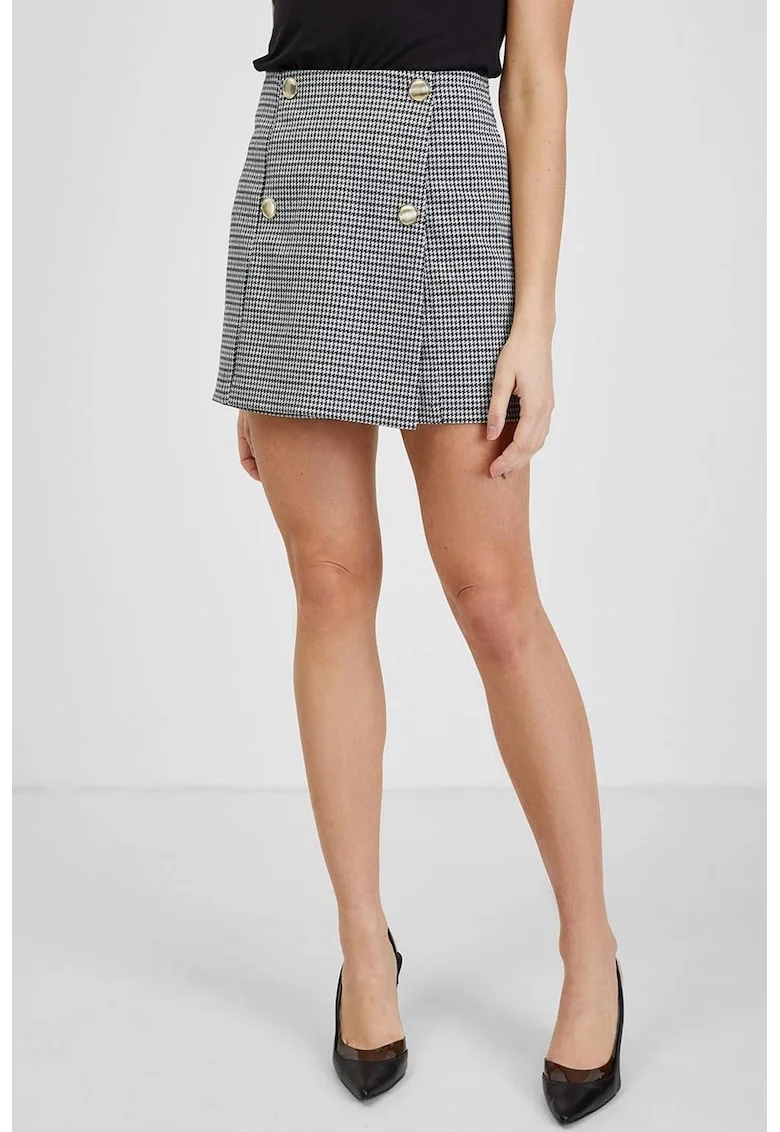 Fusta-pantalon mini cu model houndstooth, Alb/Negru