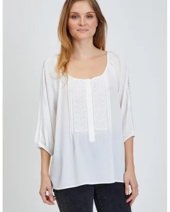 Bluza cu maneci medii si detalii brodate, Alb
