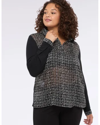 Bluza vaporoasa cu fenta cu nasturi, Alb/Negru