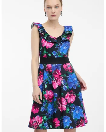 Rochie cu decolteu cu volan, Albastru royal/Roz