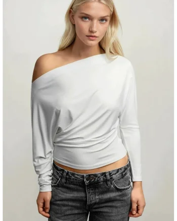 Tricou dama,  tricotat elastic, maneca lunga, ecru, jerseu