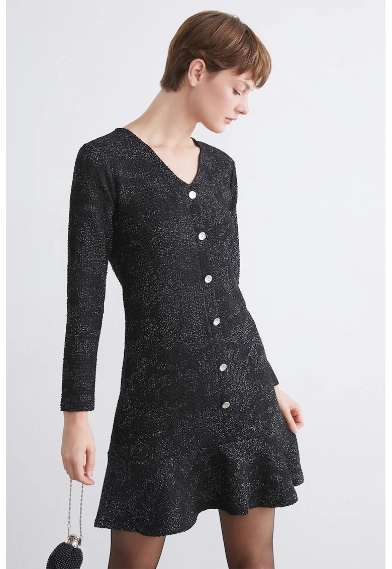 Rochie scurta din amestec de lana cu decolteu in V, Negru melange