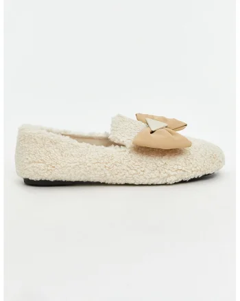 Pantofi din material textil cu varf rotund si talpa plata, Bej deschis
