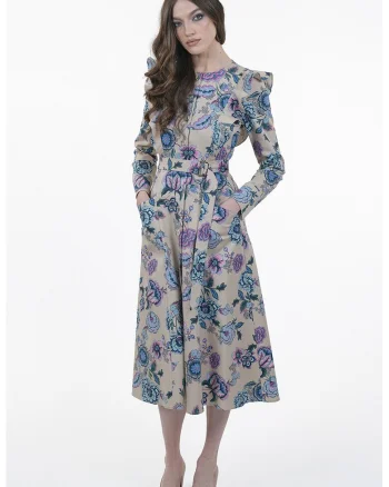 Rochie cu buzunare laterale si imprimeu, Alb fildes/Lila/Albastru