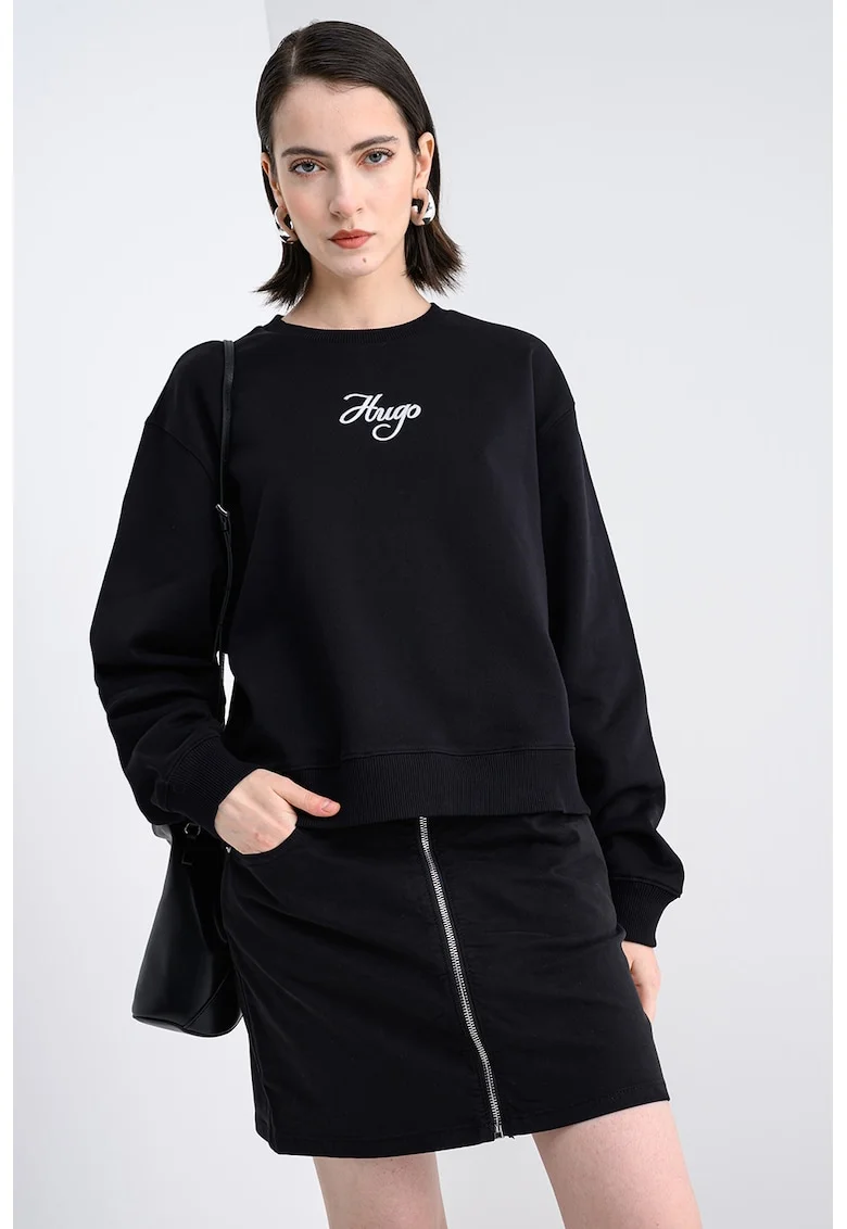 Bluza de trening cu maneci cazute si imprimeu logo Deroxina, Negru